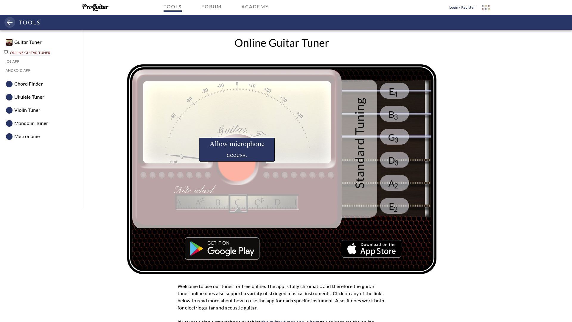Screenshot of Pro Guitar Tuner website header showing their chromatic tuner interface