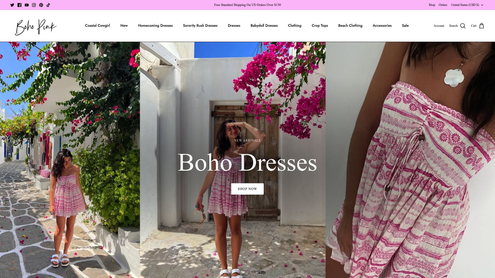 Website screenshot of Boho Pink homepage showing floral dresses and beach outfits