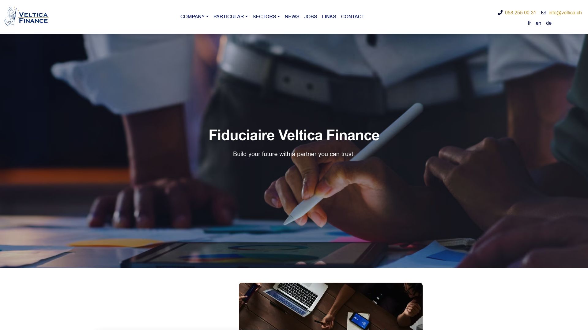 Homepage of Veltica Finance showing their branding and services