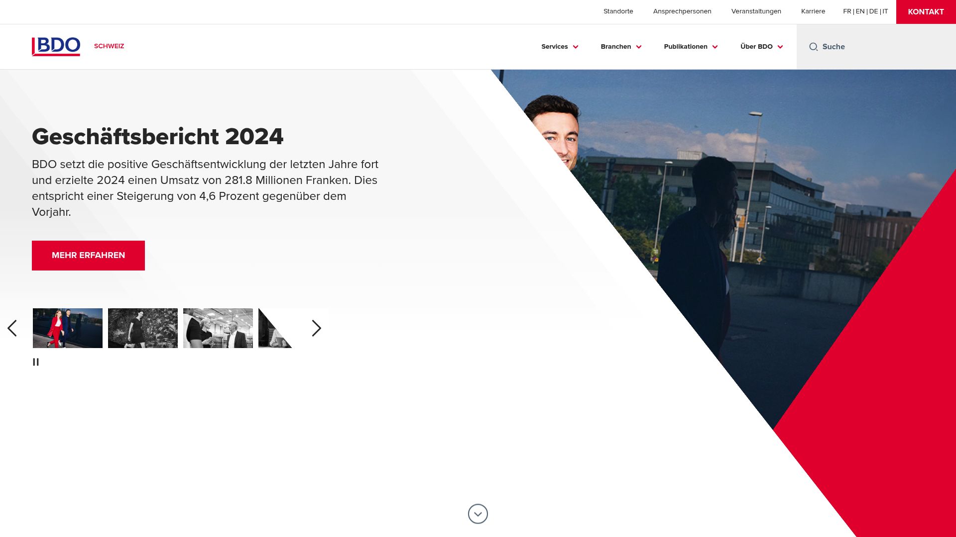 Website screenshot of BDO Switzerland showing their broad range of services
