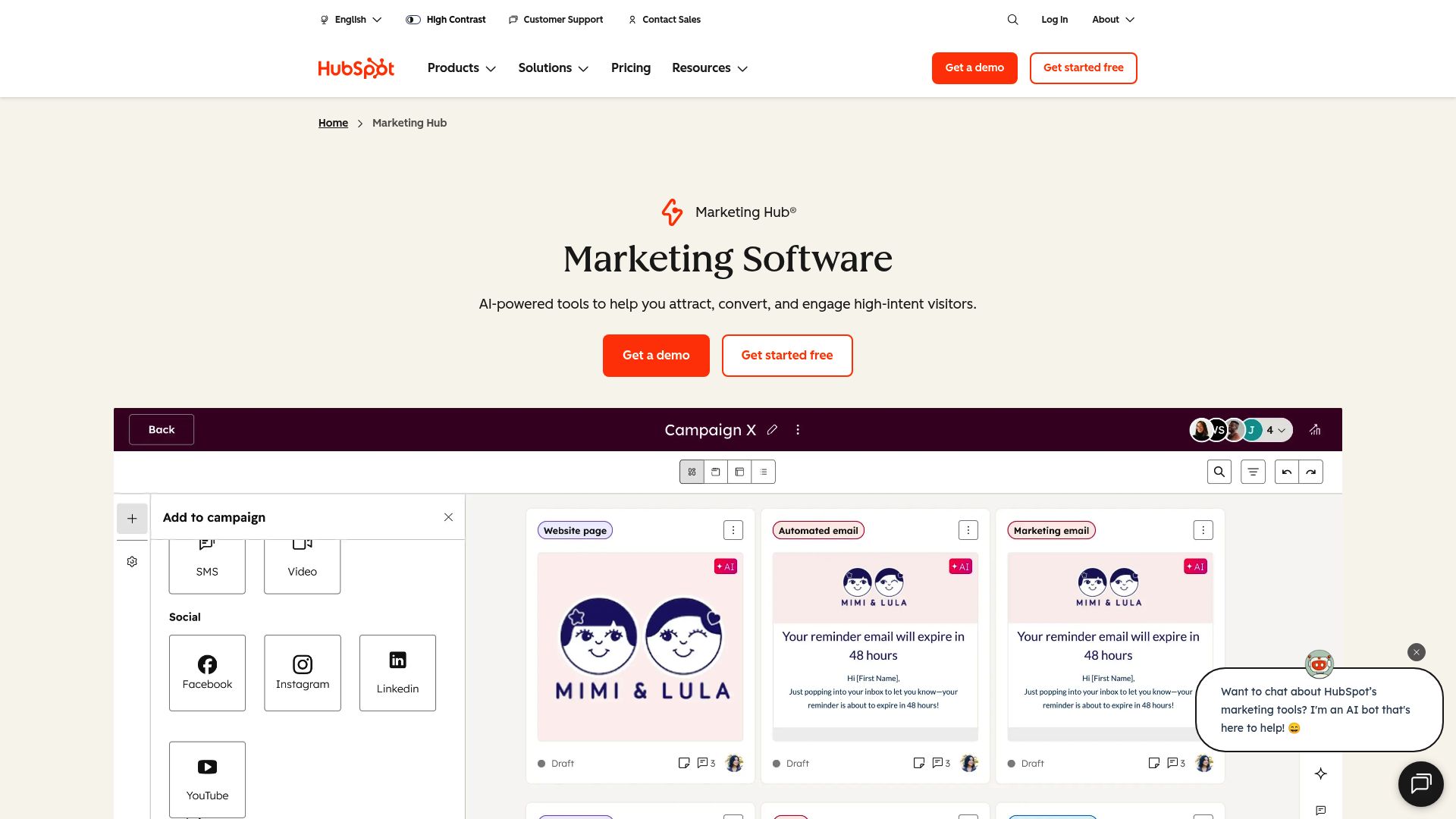 Screenshot of HubSpot landing page highlighting their marketing hub features