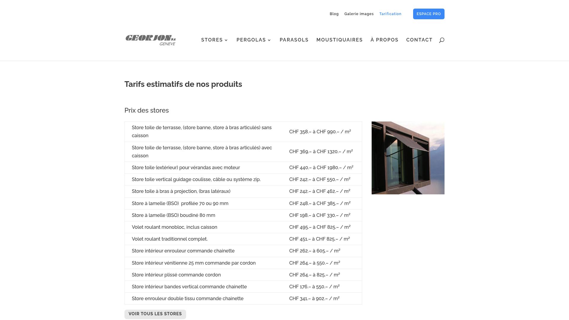 Screenshot of Georjon.ch pricing page showing list of different types of blinds prices