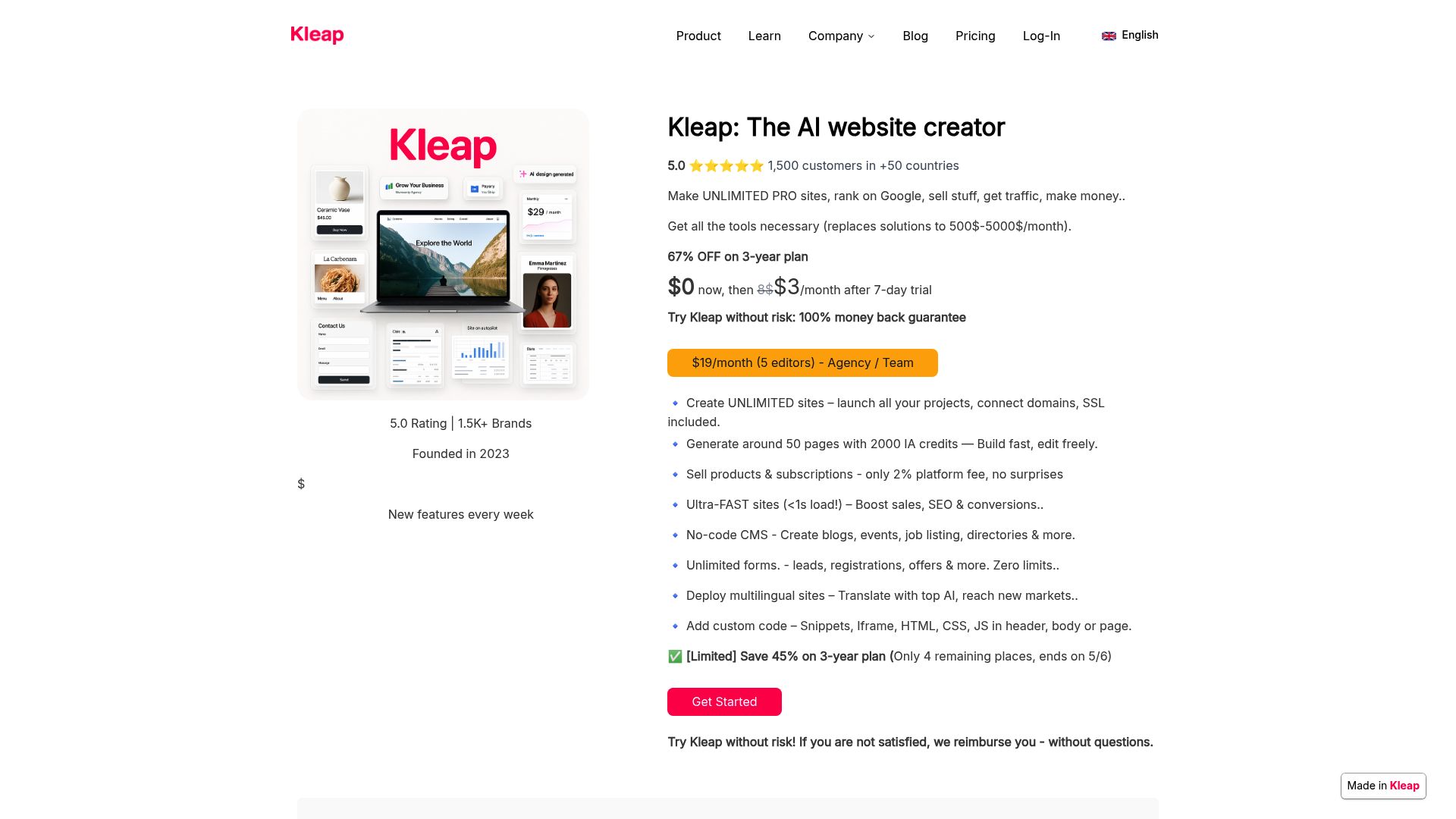 Screenshot of Kleap.co pricing page or dashboard showing the all-in-one value proposition