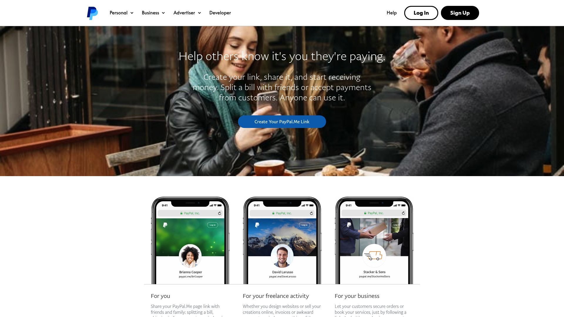 Screenshot of the PayPal.me landing page interface showing the 'Send' and 'Request' features