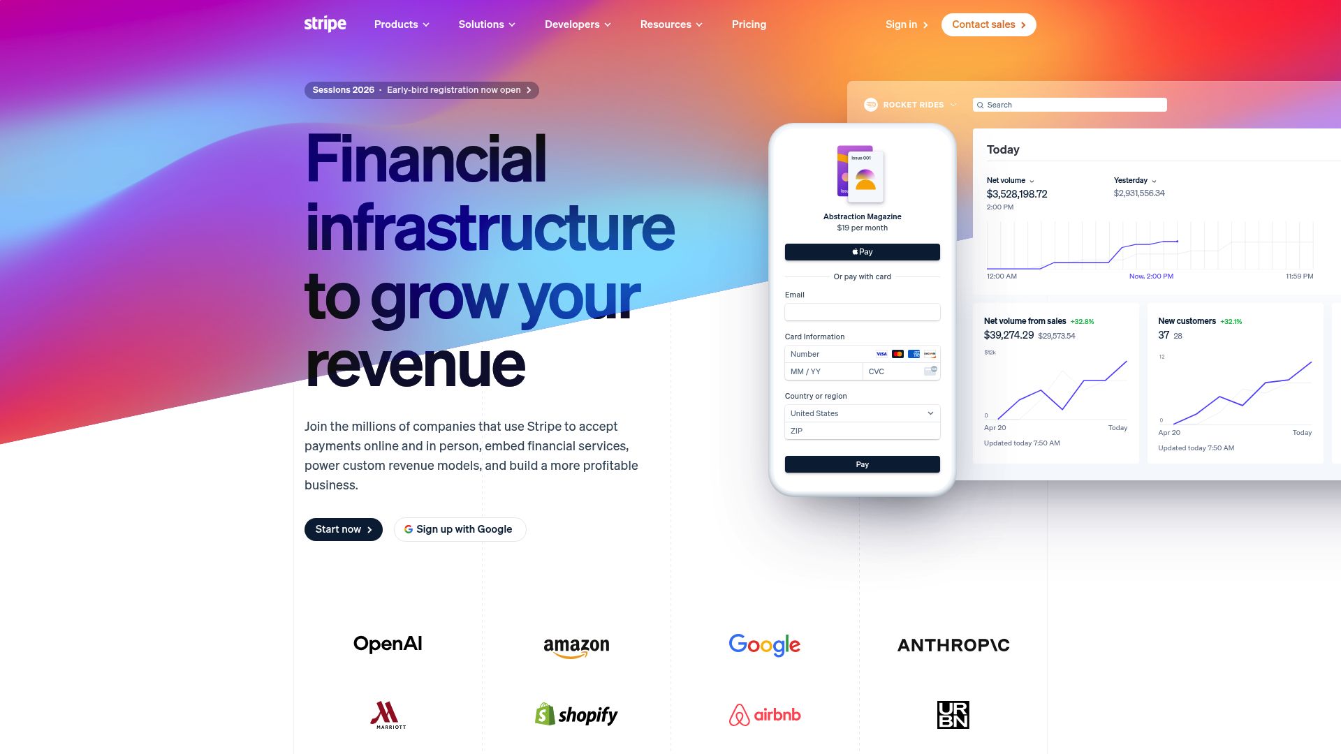 Screenshot of the Stripe homepage showing their clean, developer-focused interface and dashboard
