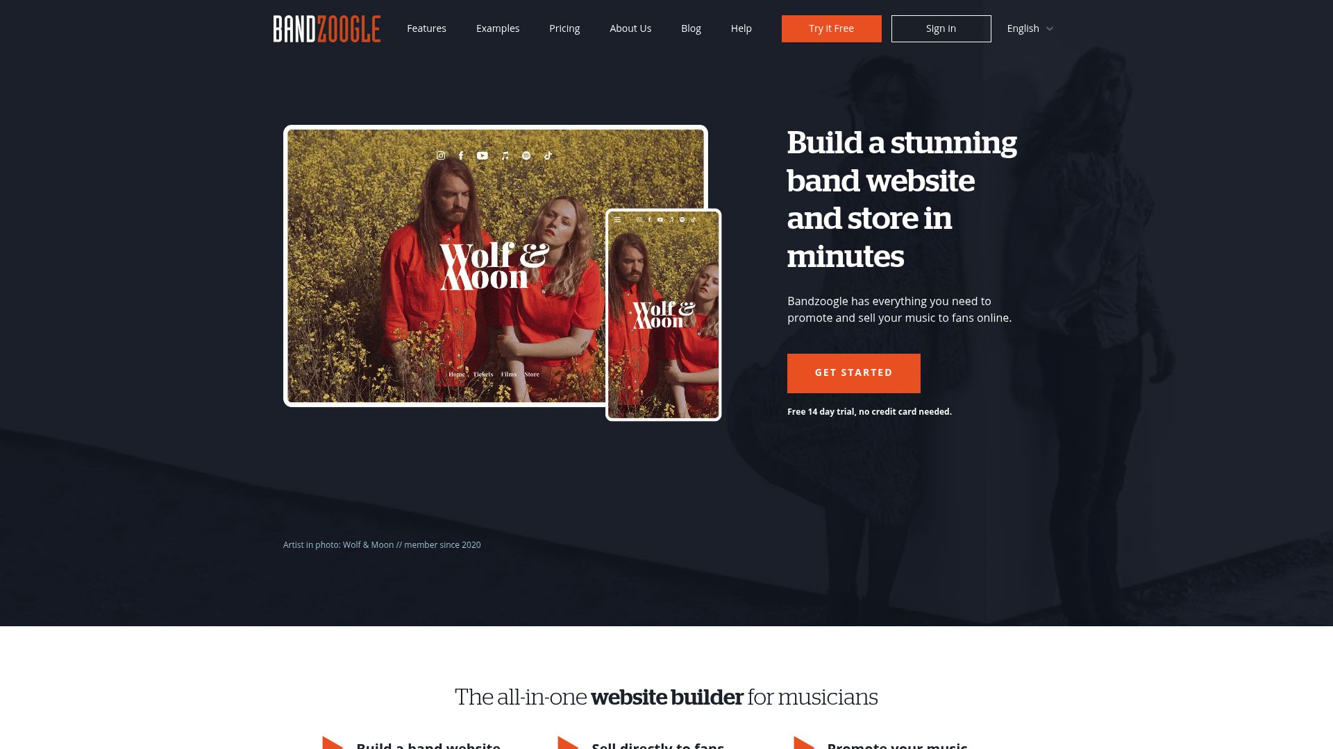 Screenshot of Bandzoogle features page highlighting commission-free tip jar