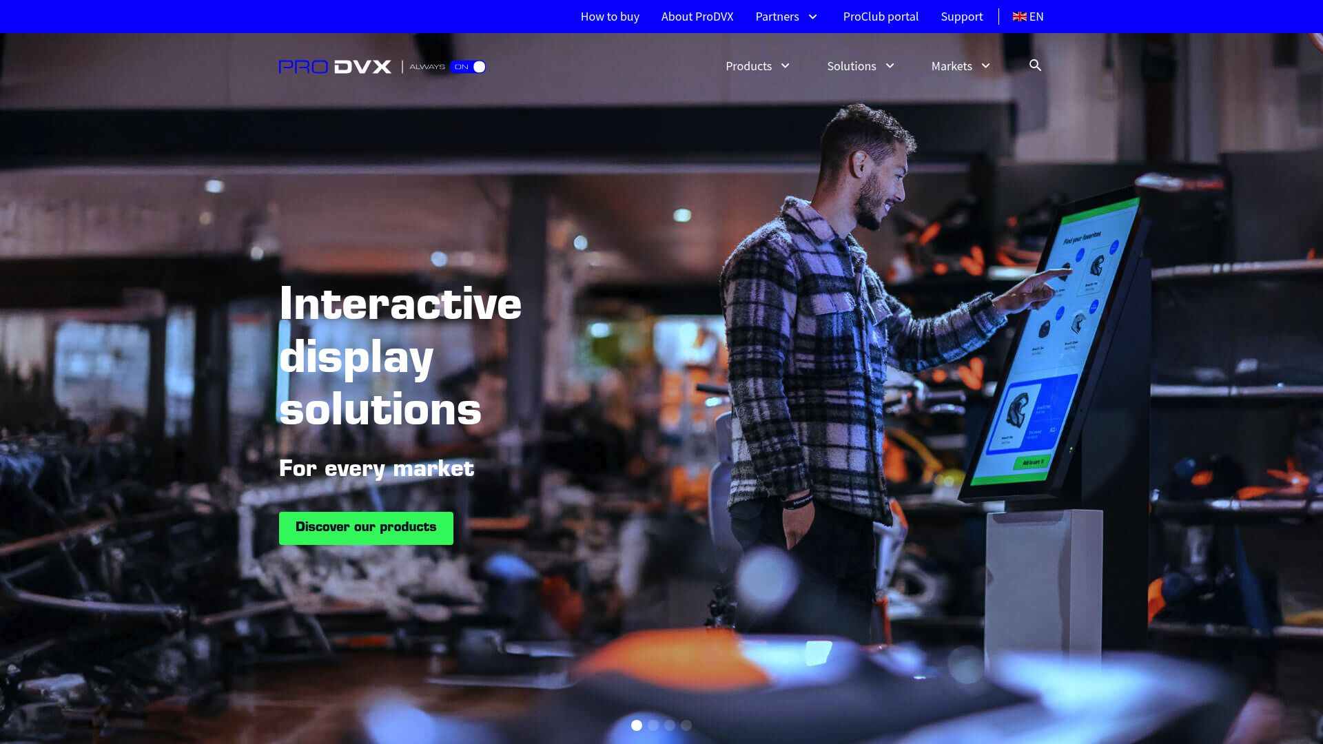 Screenshot of the ProDVX website showing various interactive retail displays and touchscreens