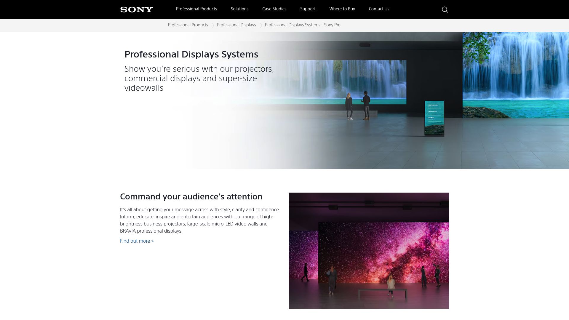 Screenshot of the Sony Professional Displays website showing lineup of BRAVIA interactive displays