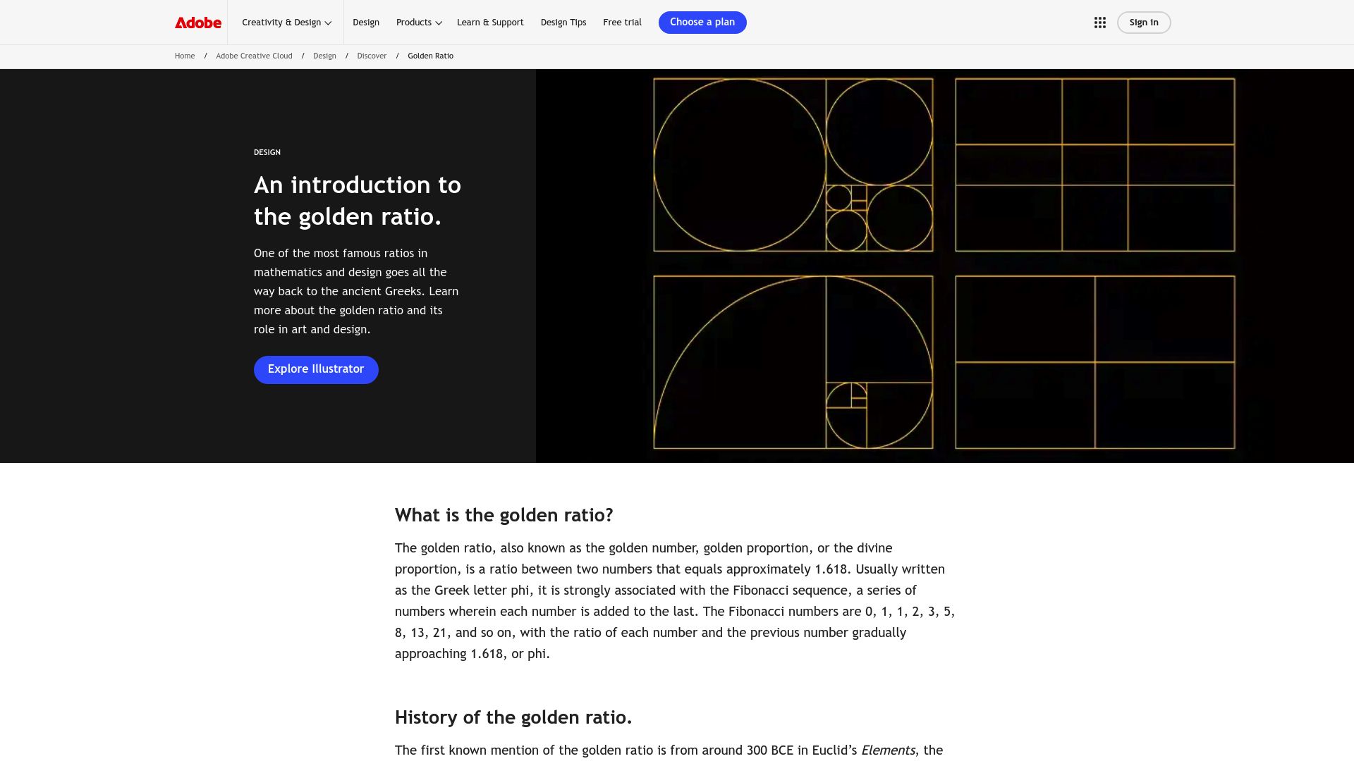 Screenshot of Adobe guide on Golden Ratio focusing on the spiral diagram overlay