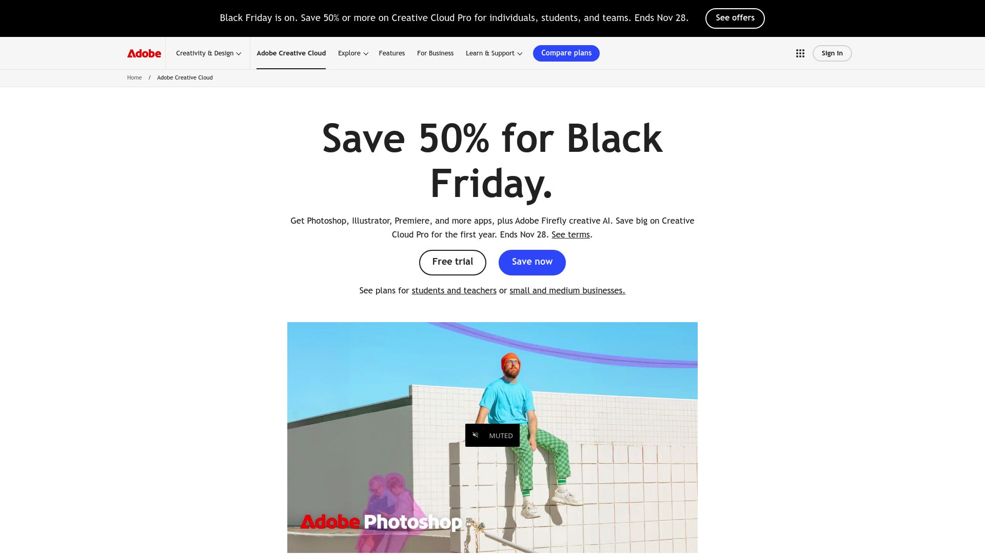 Capture d'écran du haut de la page d'accueil de Adobe Creative Cloud montrant un article sur le design et le nombre d'or