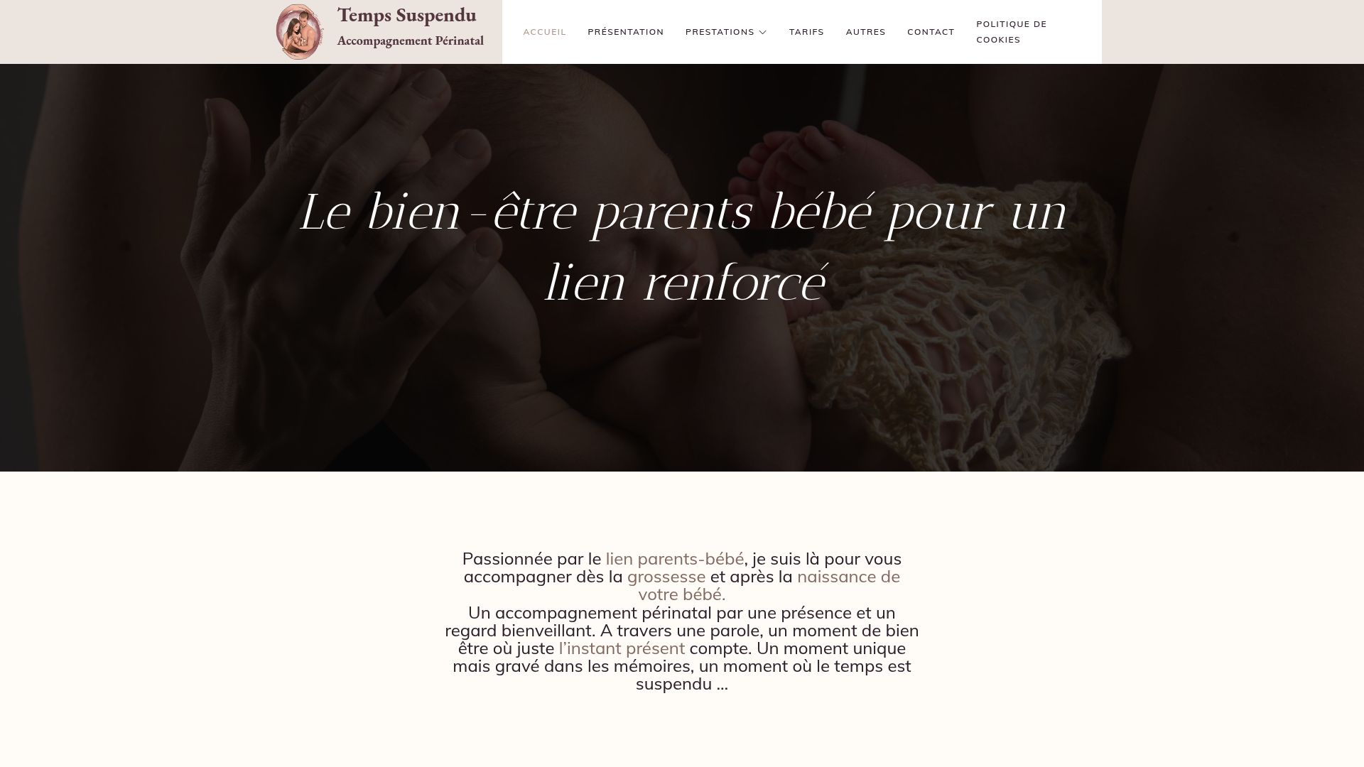 Screenshot of temps-suspendu.com showing their fertility massage page header