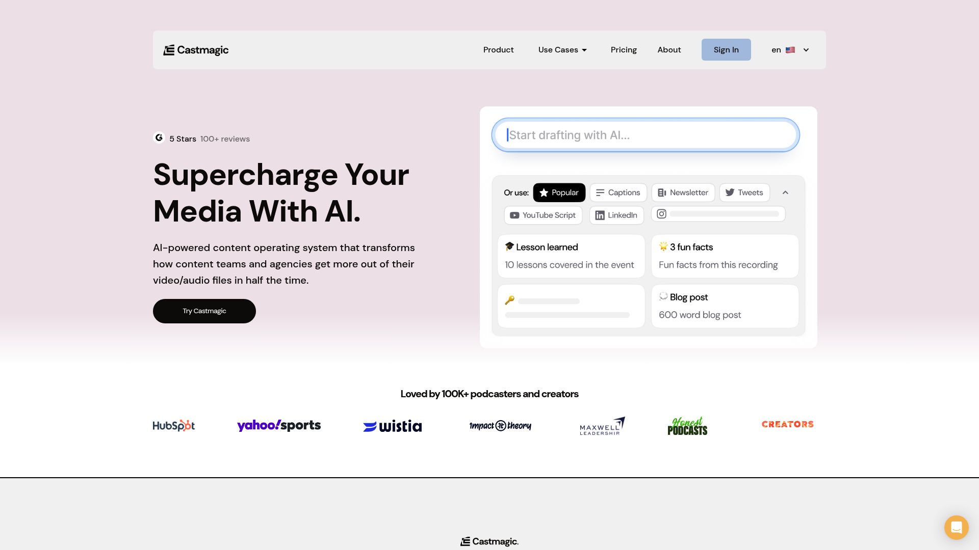 A hand holding a smartphone displaying the Castmagic dashboard showing audio transcription features