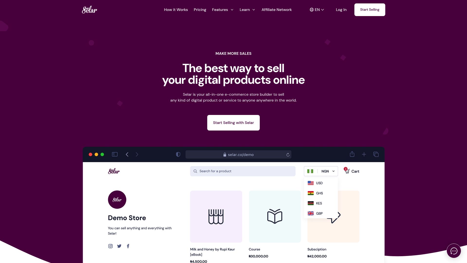 Screenshot of Selar Show Love landing page showing the simple interface