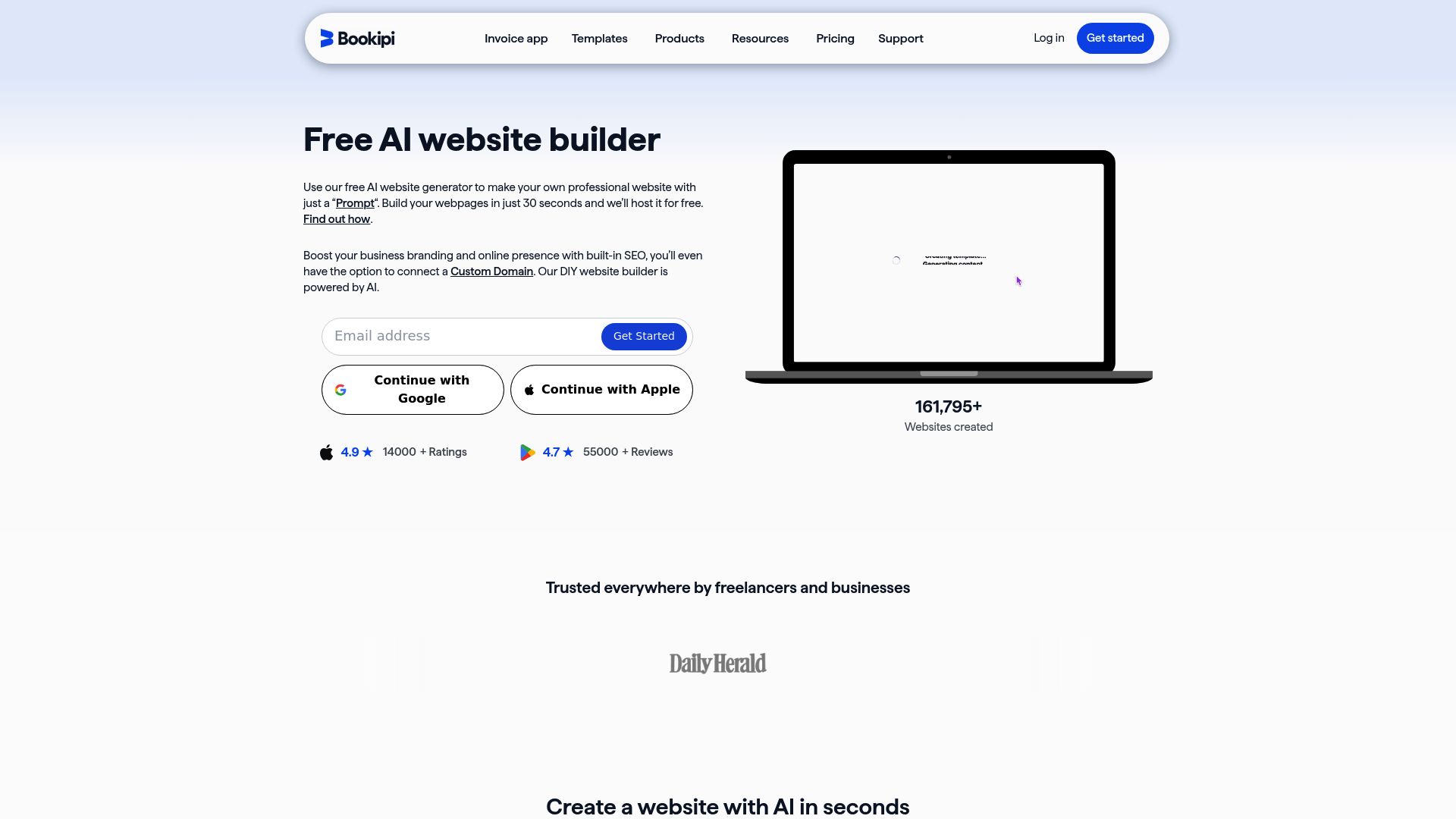 A screenshot of the Bookipi website builder landing page showing the hero section and value proposition