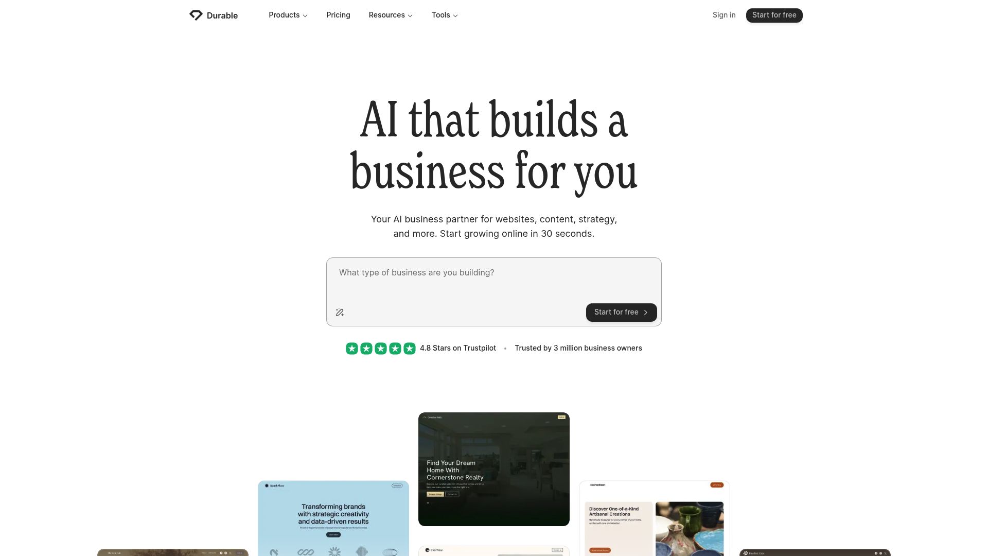 Screenshot of the Durable AI website builder onboarding process asking for business type