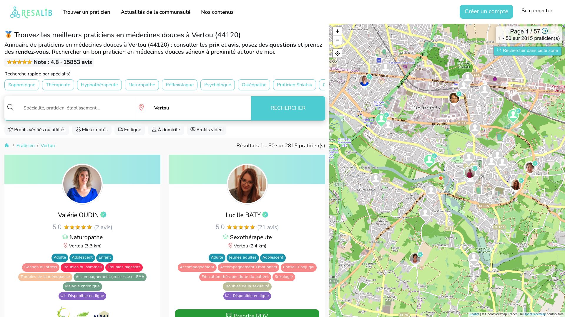 Screenshot of Resalib search results page for Vertou practitioners