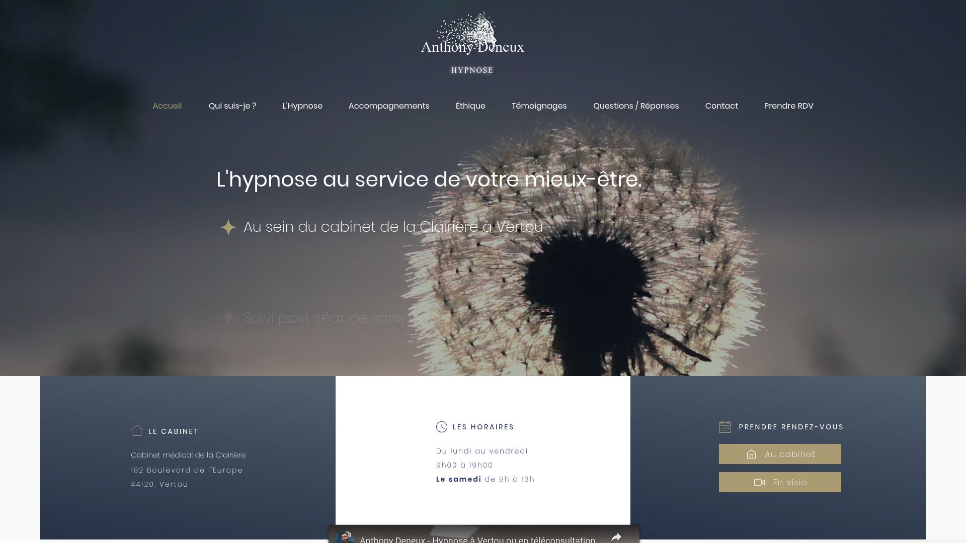 Detail view of Anthony Deneux's website highlighting hypnosis services