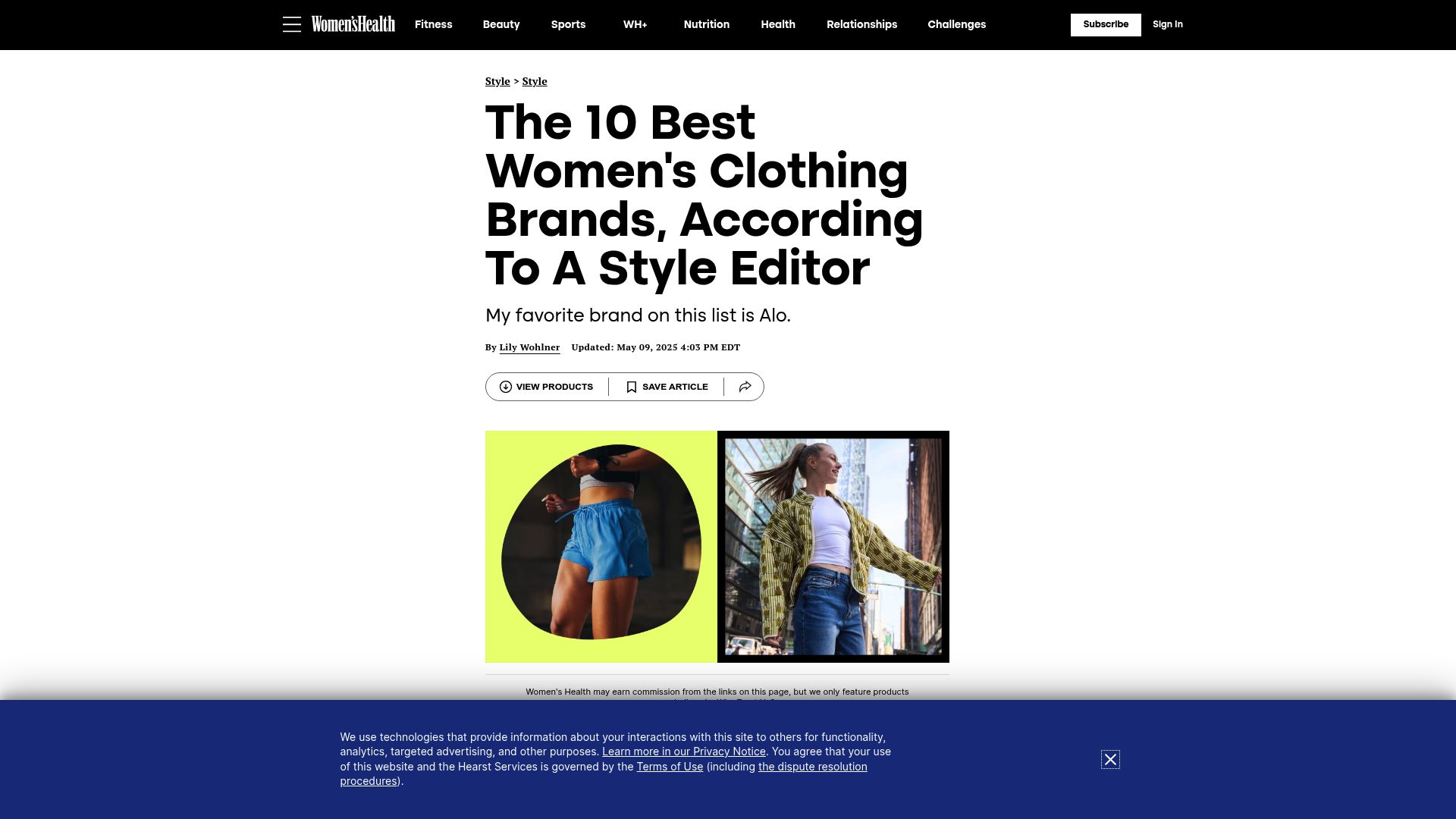 Website landing page of WomensHealth listing best clothing brands, illustrating the competitive landscape of fashion reviews