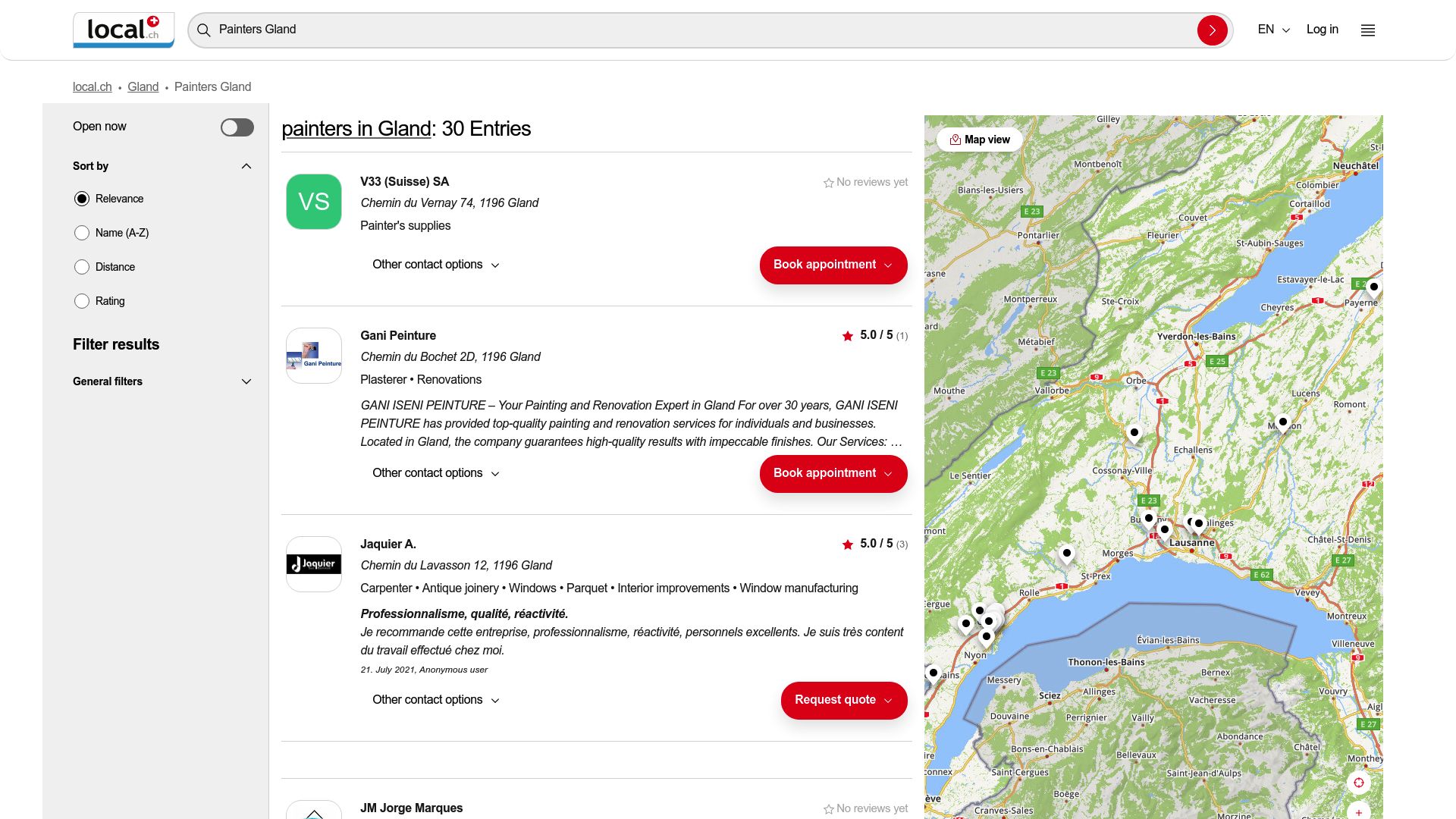 Screenshot of local.ch search results for painters in Gland showing various listings