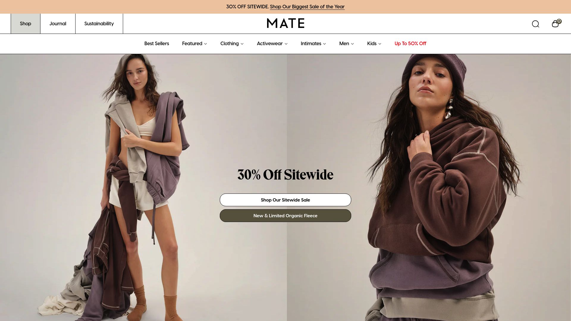 Homepage of MATE the Label website showing organic cotton essentials and minimalist design