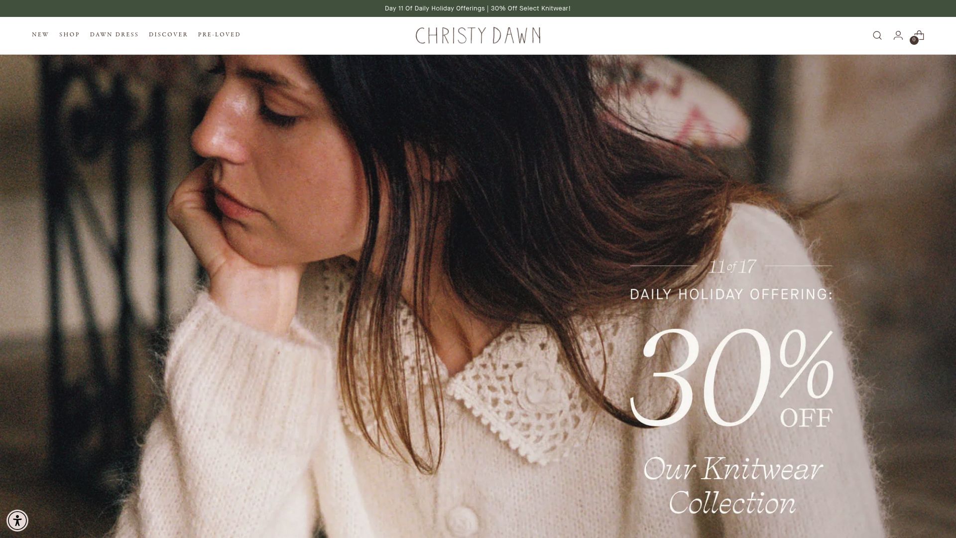 Homepage of Christy Dawn website showcasing floral dresses and farm-to-closet philosophy