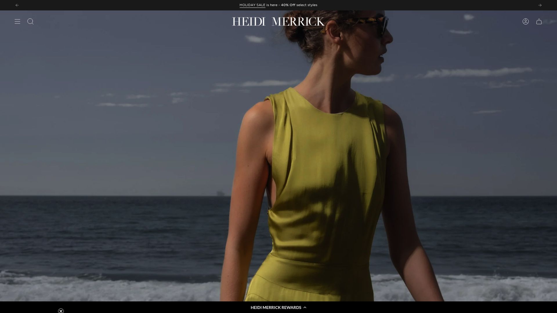 Heidi Merrick website homepage featuring elegant minimalist fashion and surf culture influence