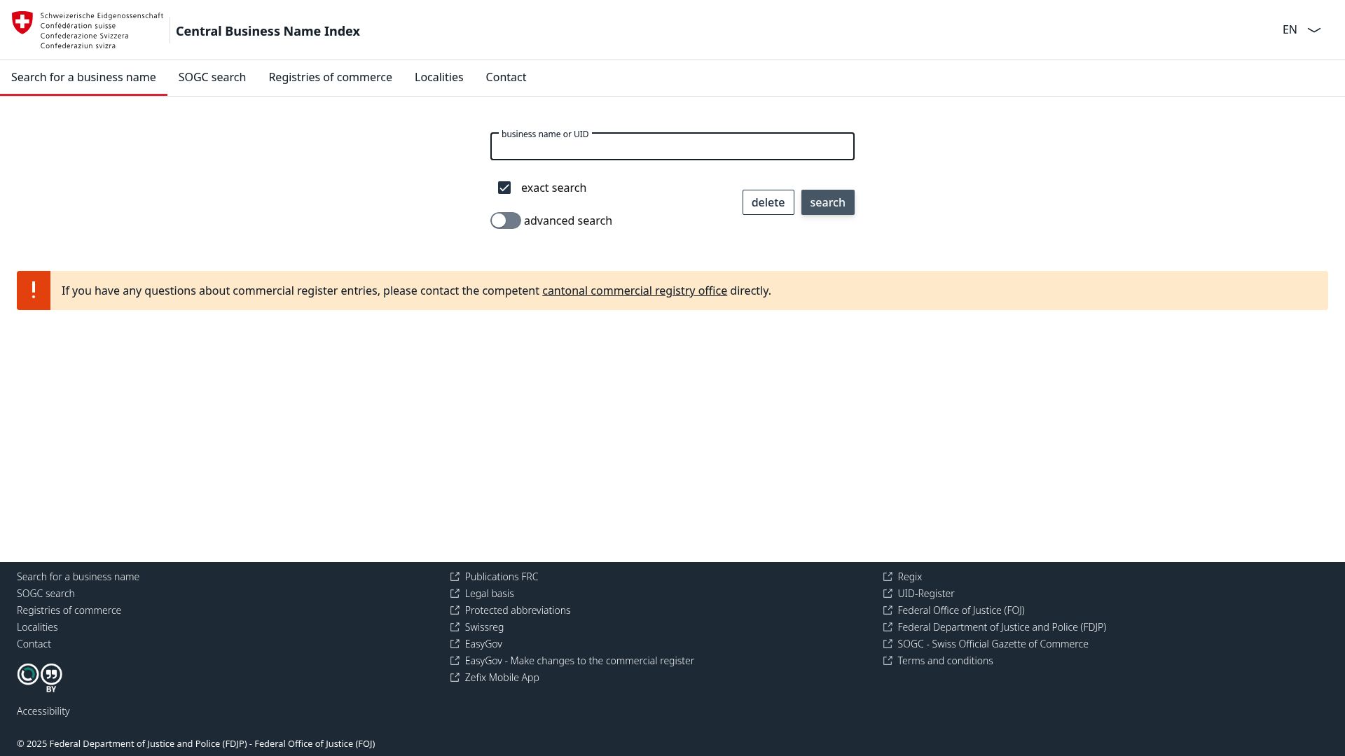 Screenshot of the Zefix central business name index search page