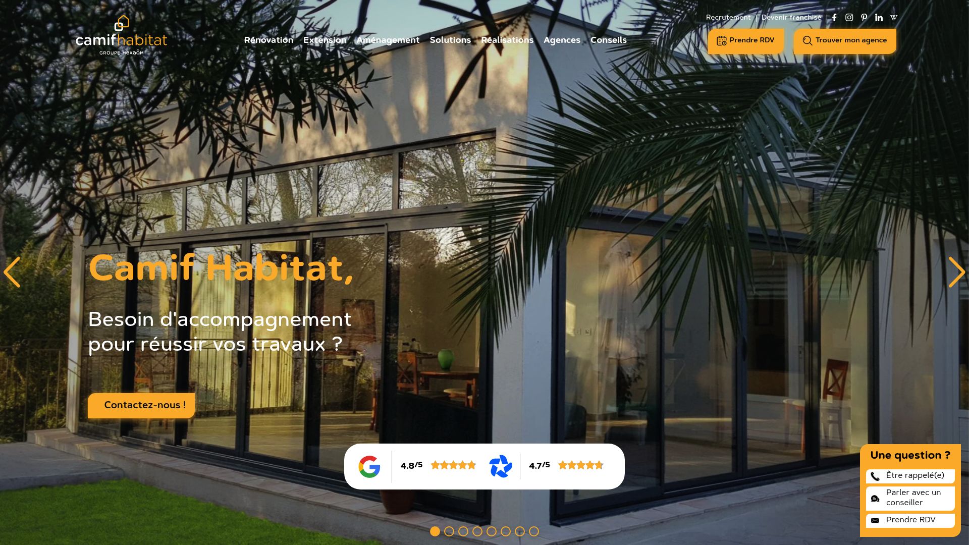 Screenshot of Camif Habitat website showing renovation guides and diverse services offered by general contractors.