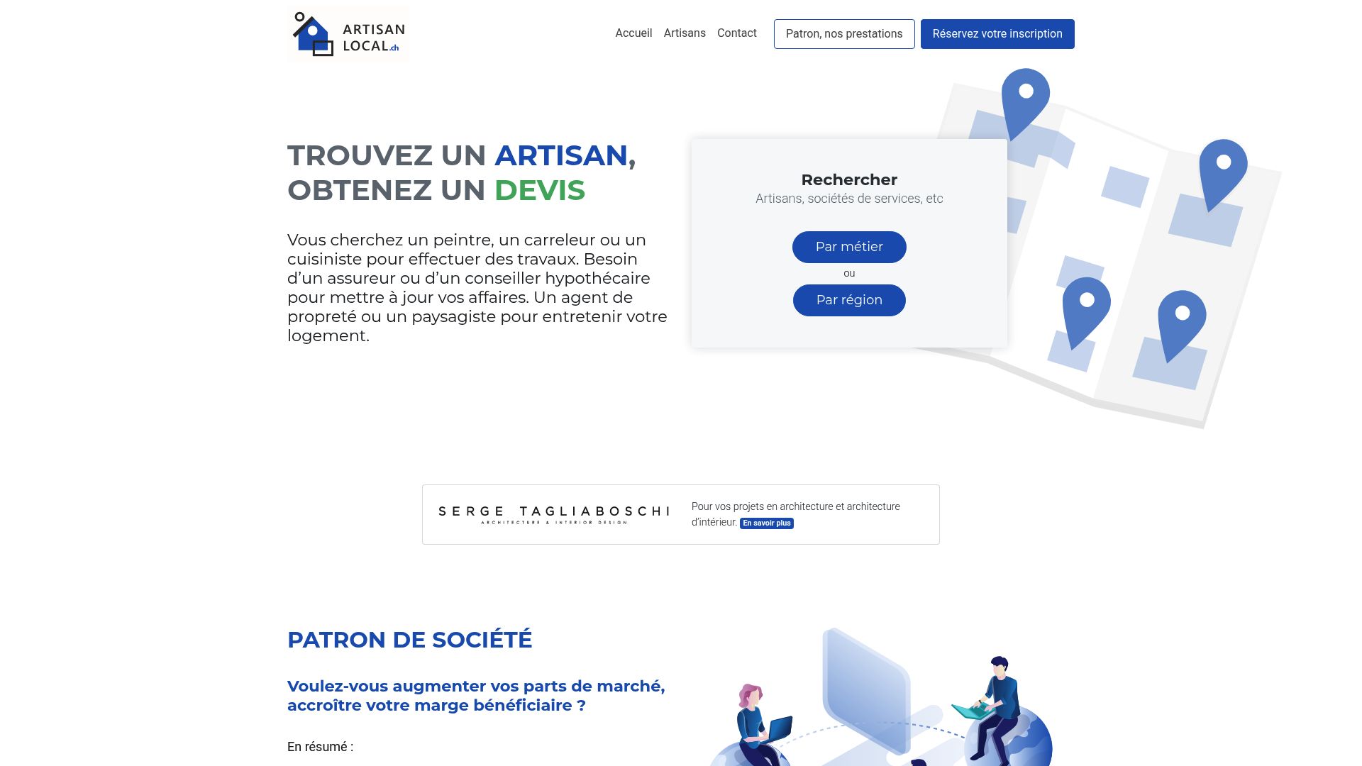 Screenshot of artisanlocal.ch homepage showing the search bar for painters in Geneva