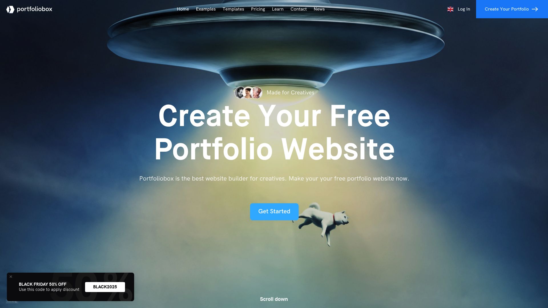 Screenshot of Portfoliobox homepage showcasing artist themes