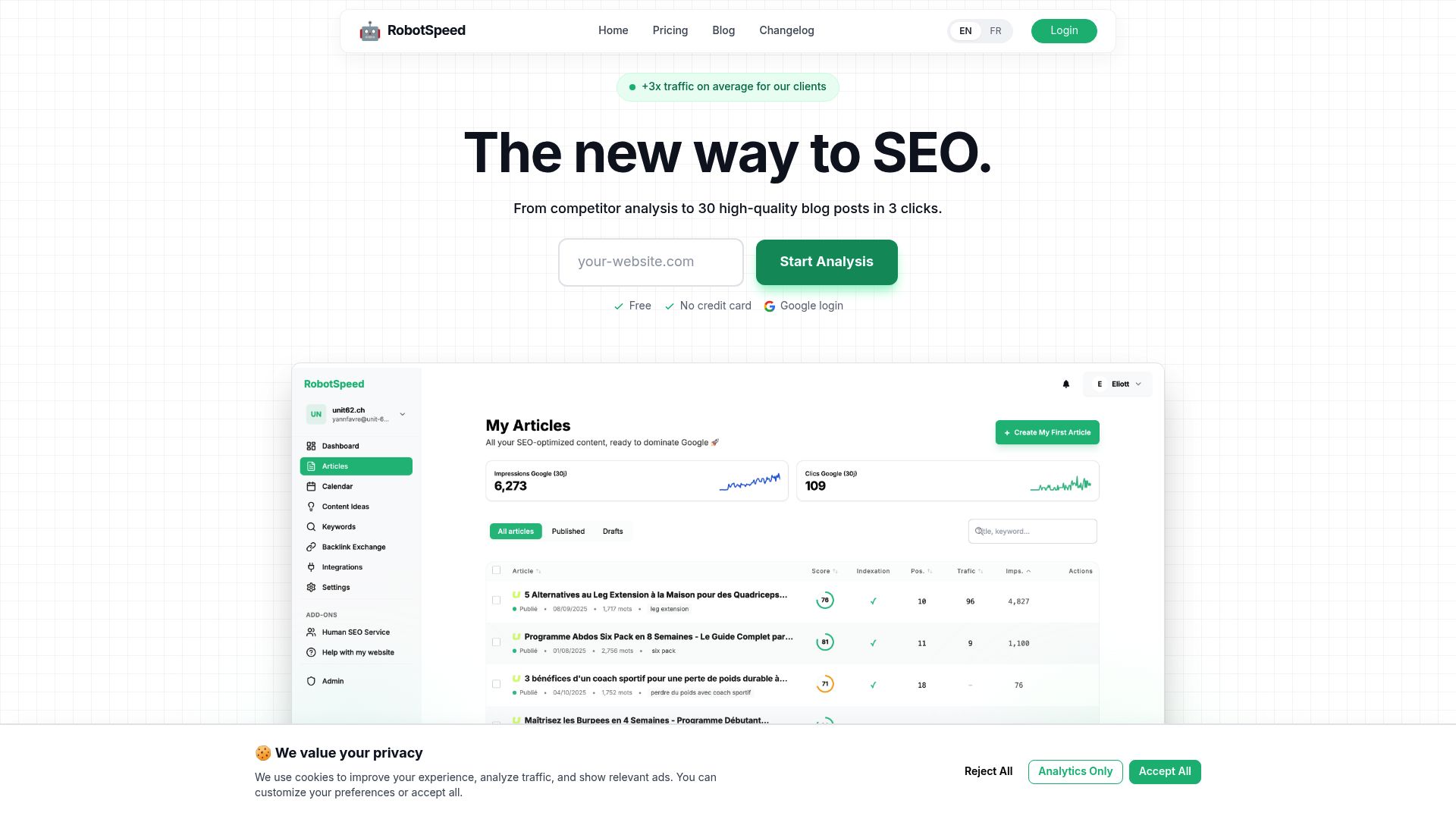 RobotSpeed dashboard showing backlink credit accumulation