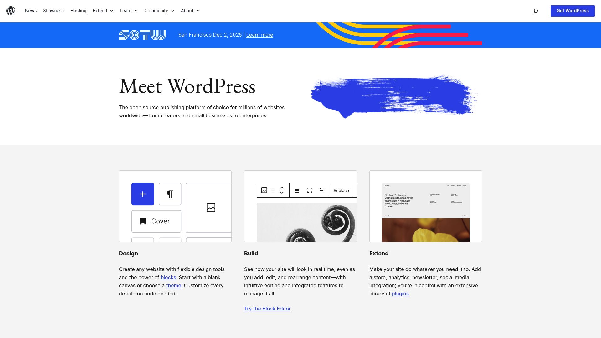 WordPress.org homepage showing the download and documentation options for developers