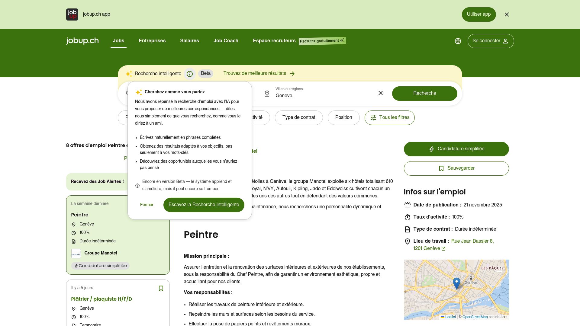 Screenshot of Jobup.ch search results for 'Peintre en bâtiment' in Geneva linking to https://www.jobup.ch/fr/emplois/?location=geneve&term=peintre+en+b%C3%A2timent