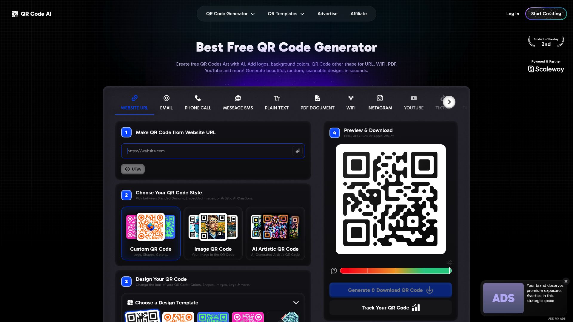 Screenshot of qrcode-ai website showing the interface for generating artistic QR codes