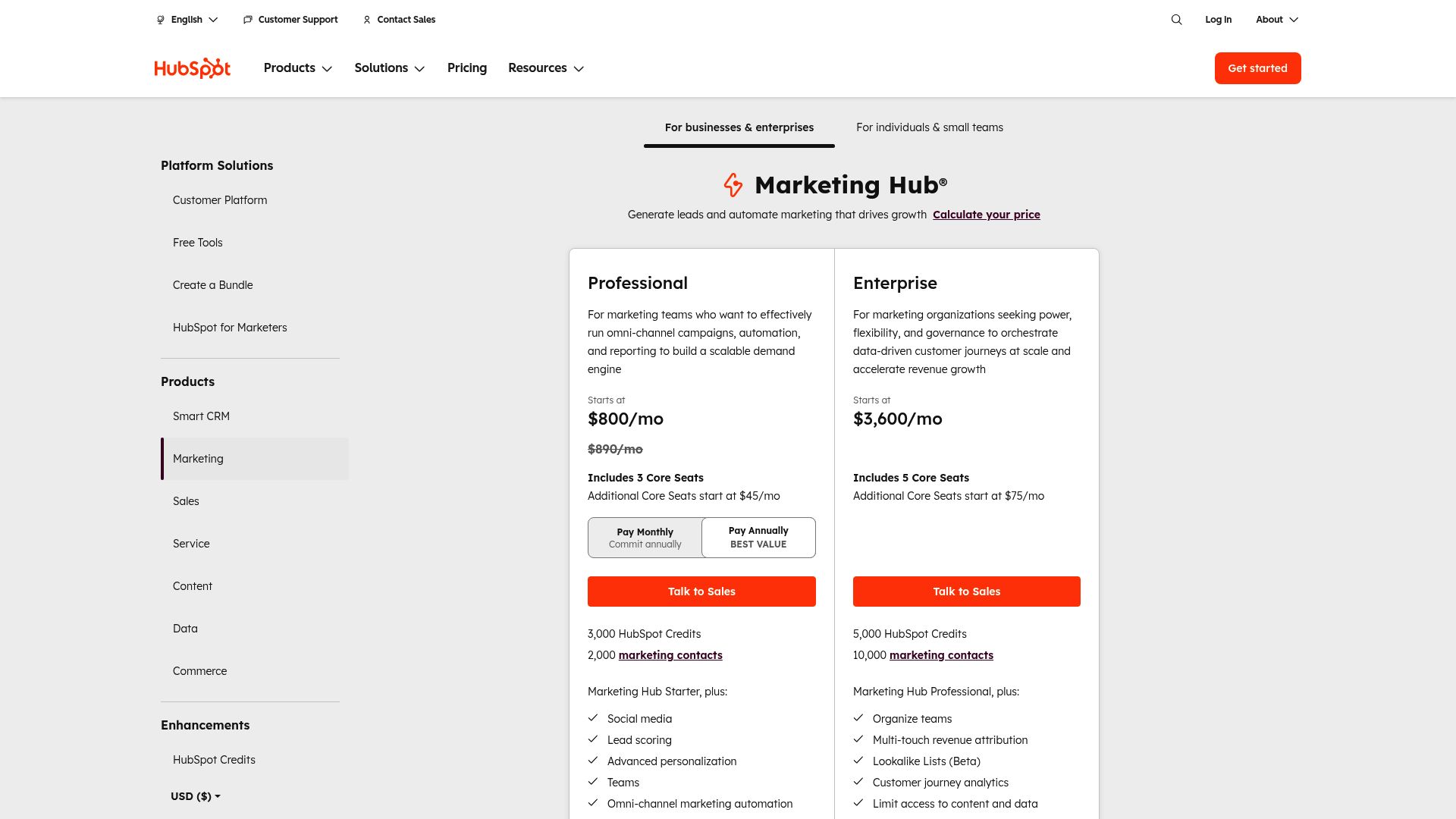 Screenshot of HubSpot pricing page showing tiered subscription models and features