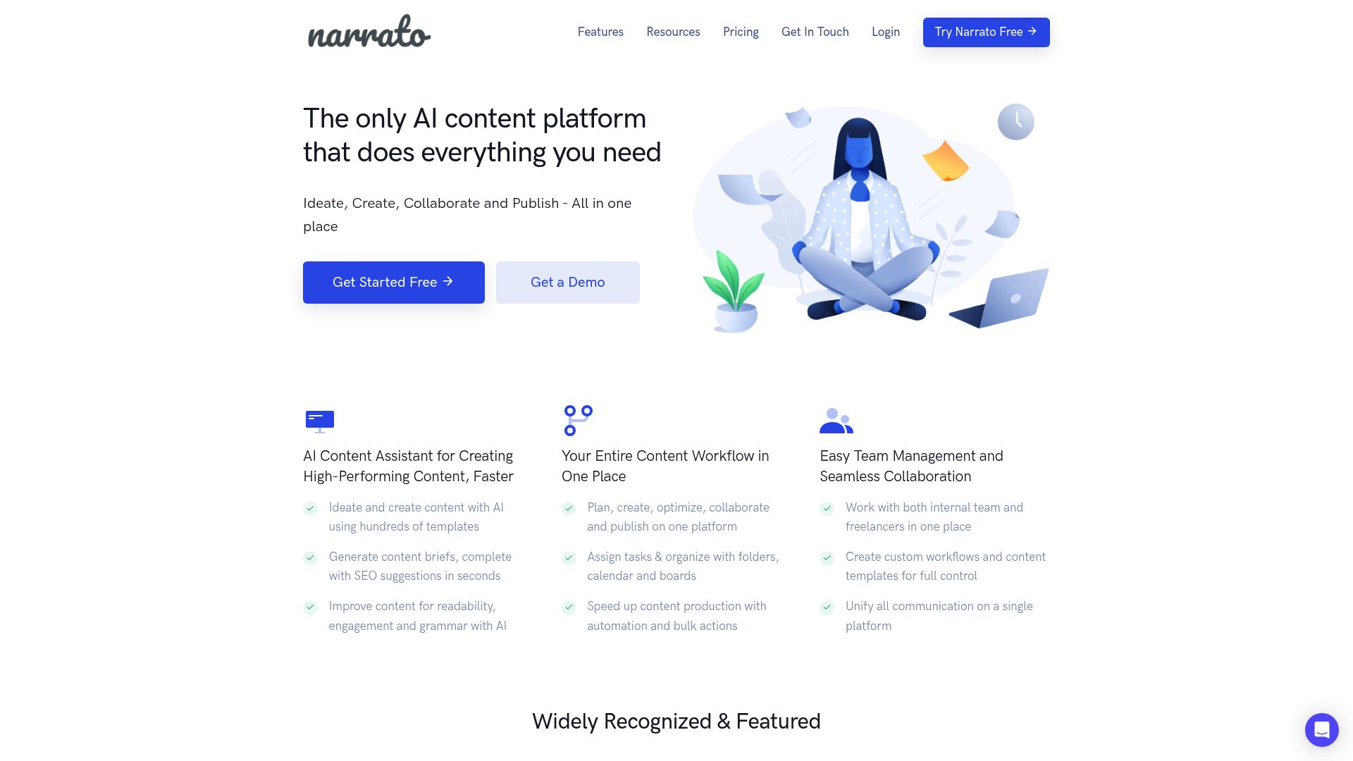 Screenshot of Narrato workspace showing content calendar and editor