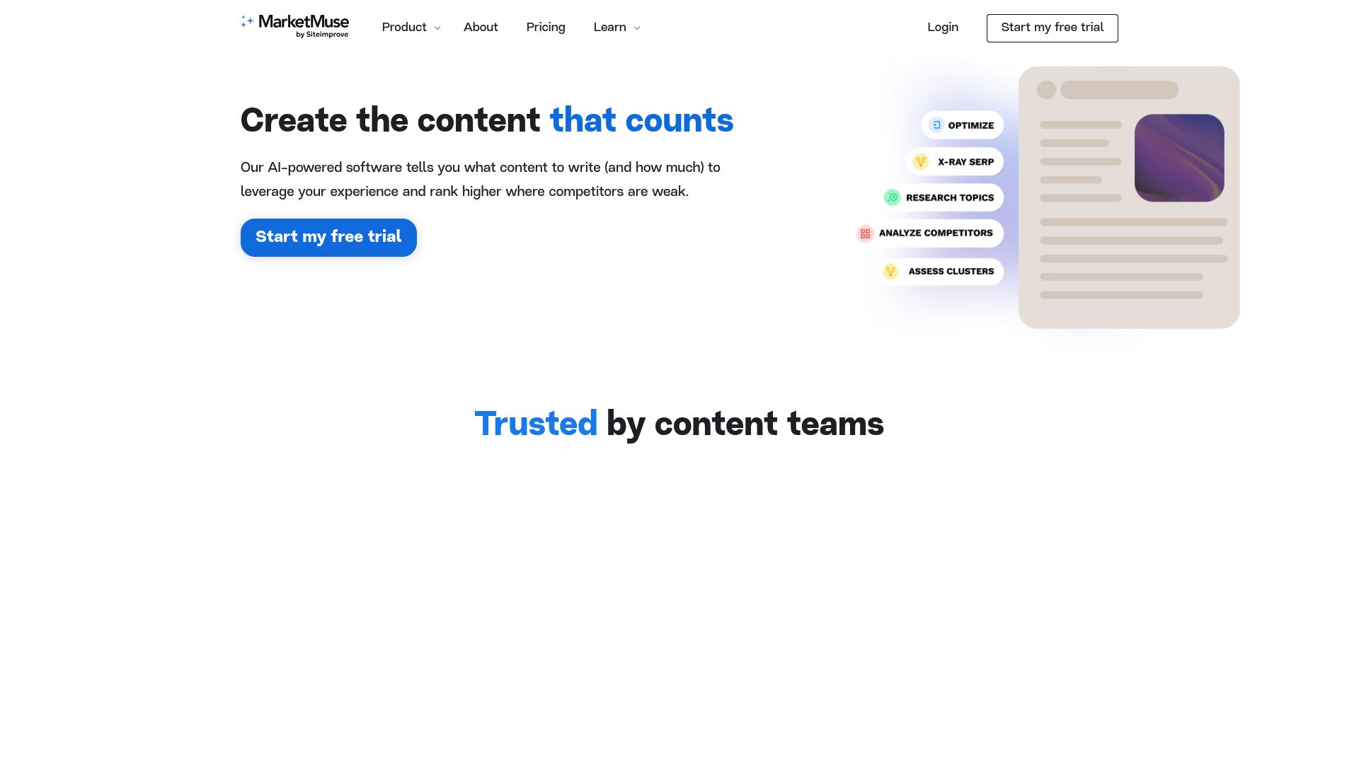 Screenshot of MarketMuse content score and research dashboard