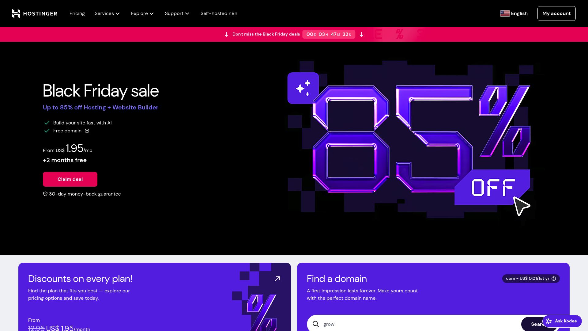 Hostinger dashboard showing AI product description generator interface