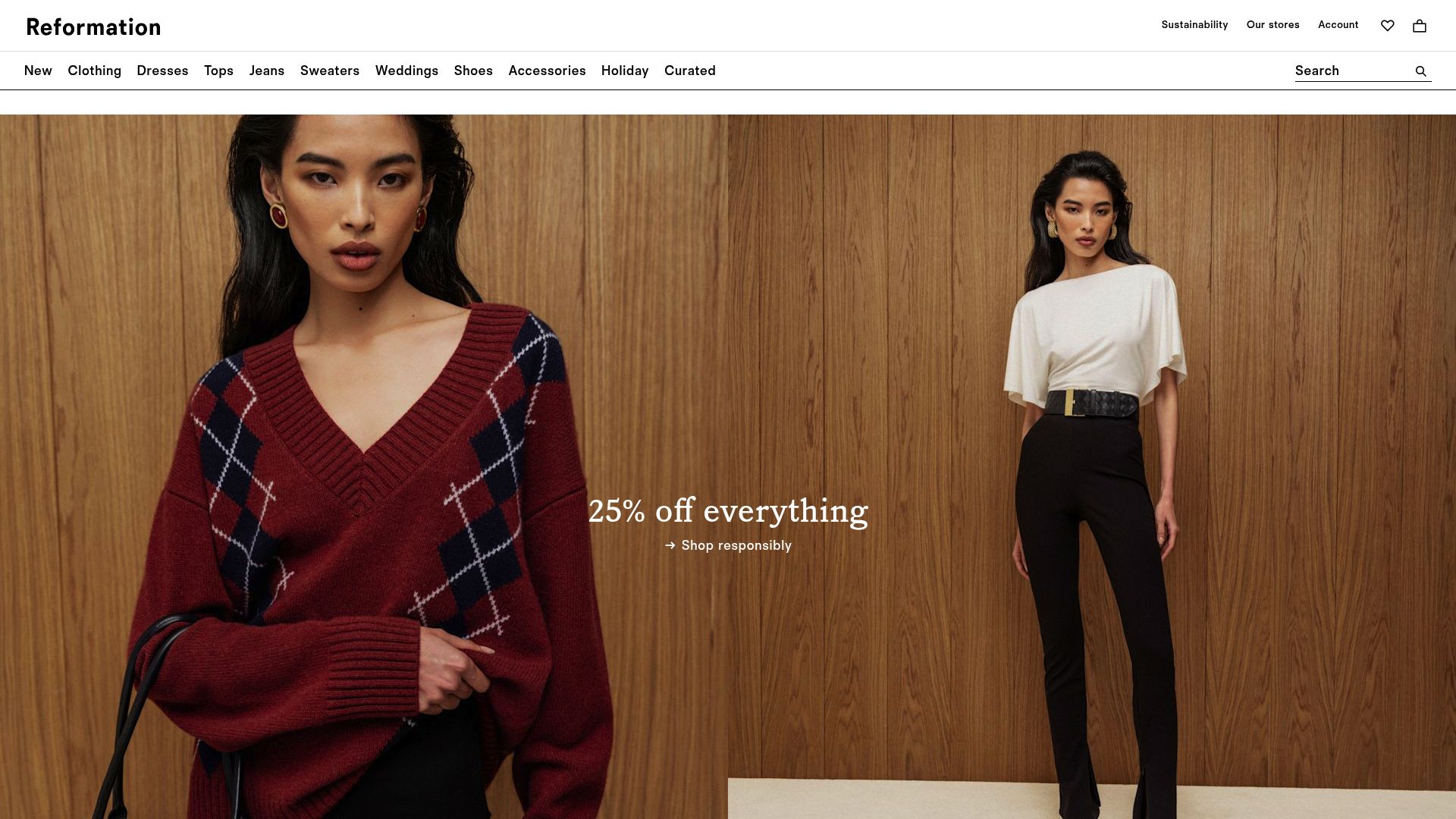 Capture d'écran de la page d'accueil du site Reformation montrant leur collection durable