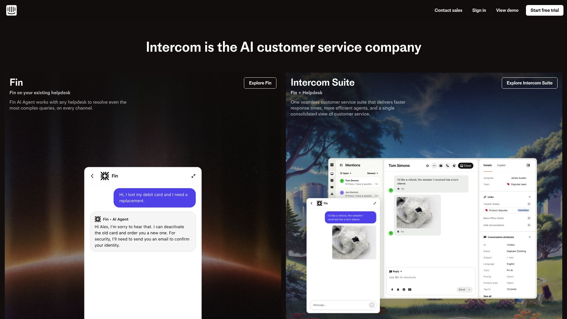 Screenshot of Intercom's landing page focusing on customer solutions rather than just features
