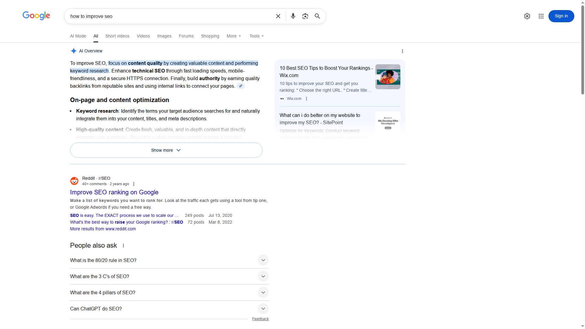Screenshot of Google Search results showing 'People also ask' and 'Related searches' for the term 'how to improve seo'