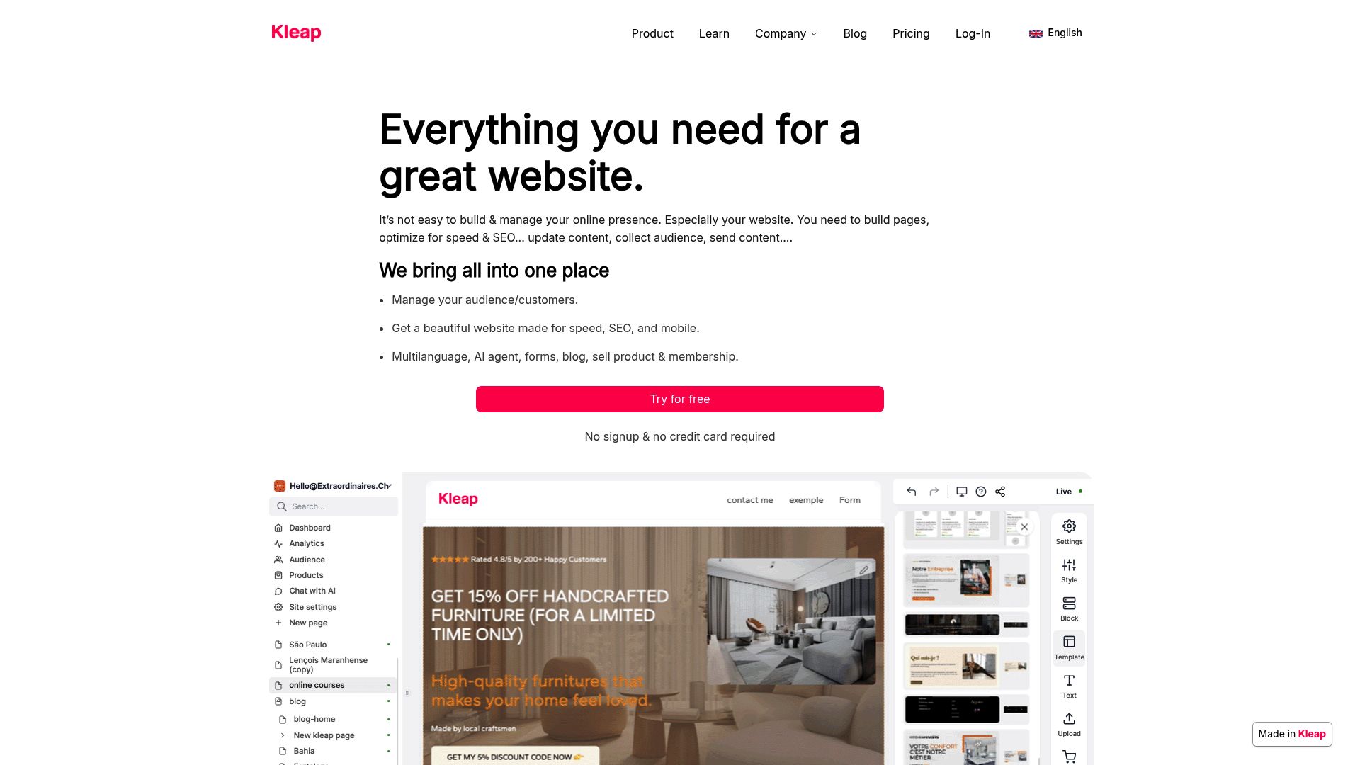 Kleap mobile editor interface showing an appointment booking setup