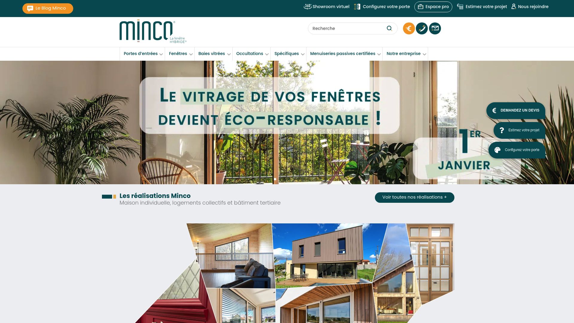 Screenshot of Minco website page showing various roller blind options and pricing tables