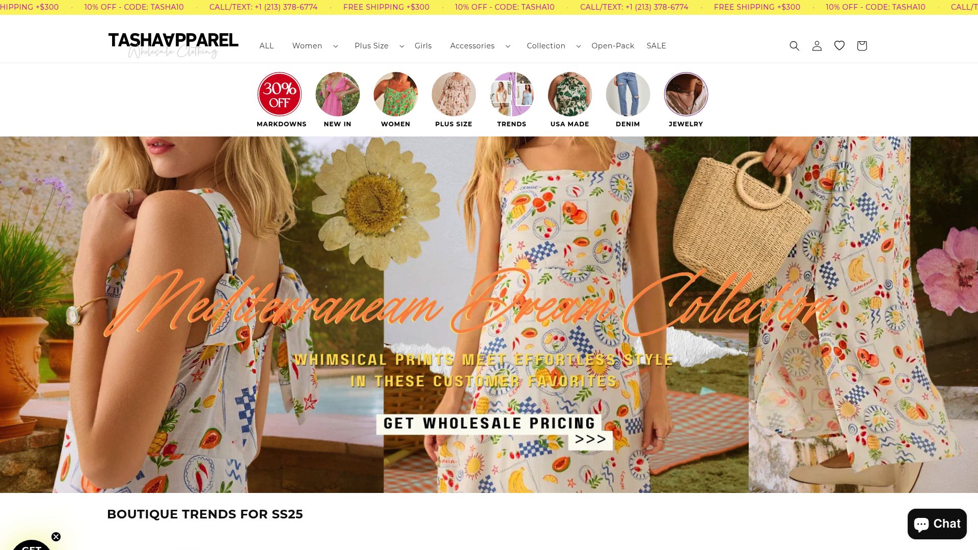 Homepage screenshot of Tasha Apparel website showing variety of clothing categories