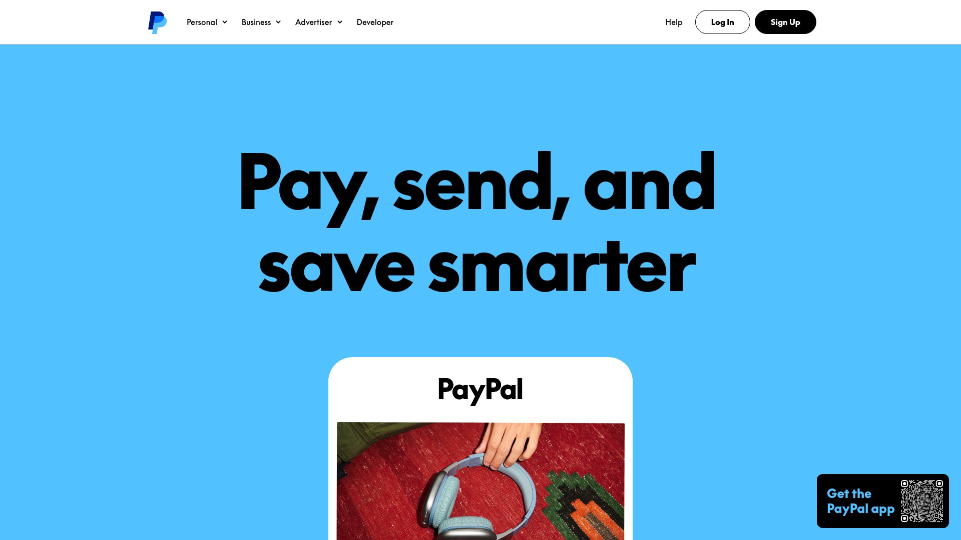 PayPal homepage featuring the app interface and personal account options