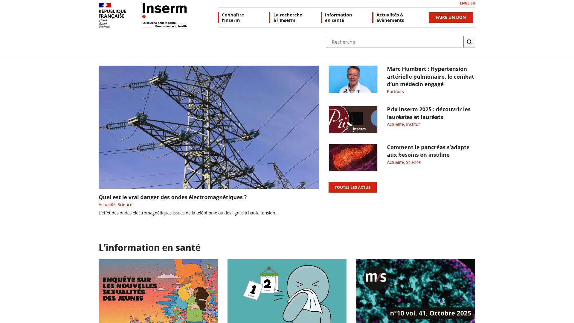 A screenshot of the header of the Inserm website pertaining to stress and digestion research