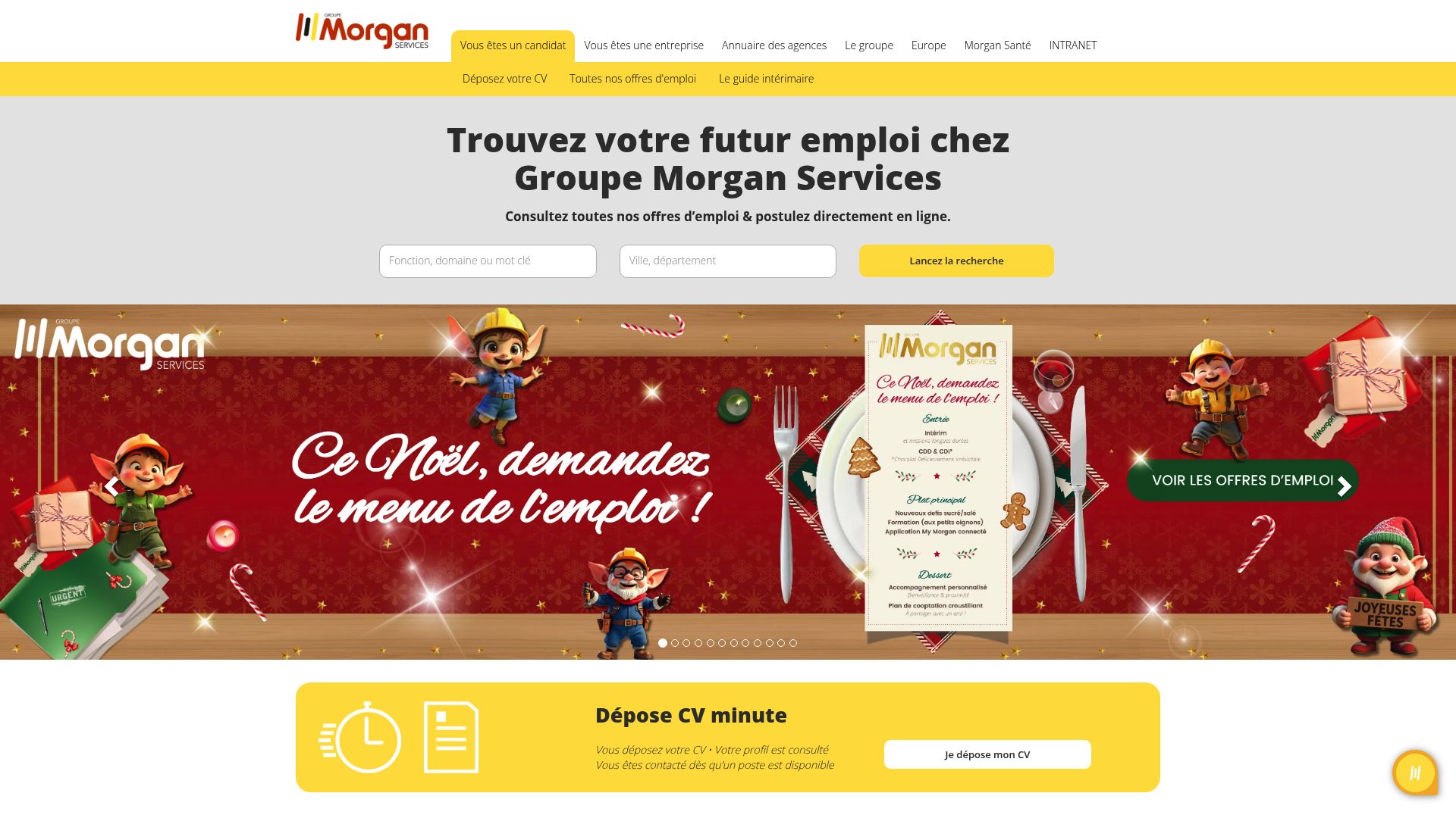 screenshot of the website header of groupe morgan services showing job listings menu