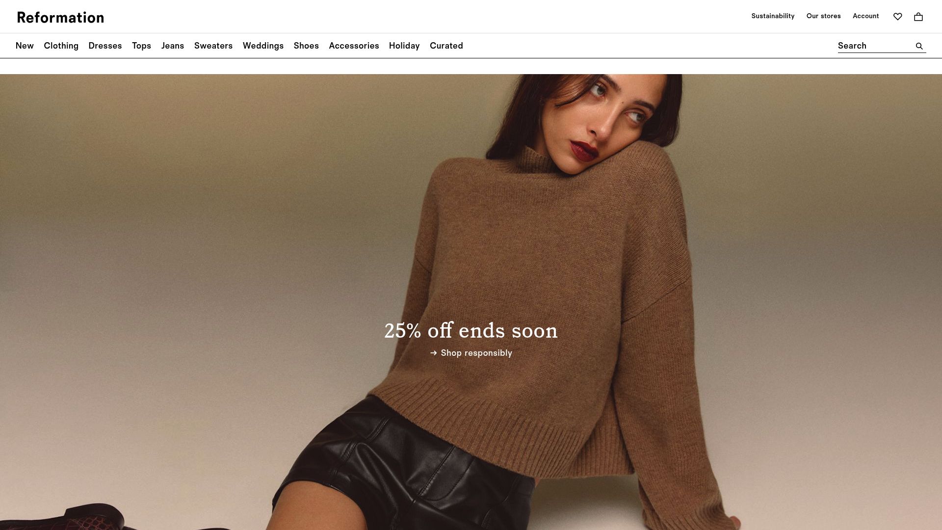 Homepage of Reformation clothing website highlighting sustainable dresses