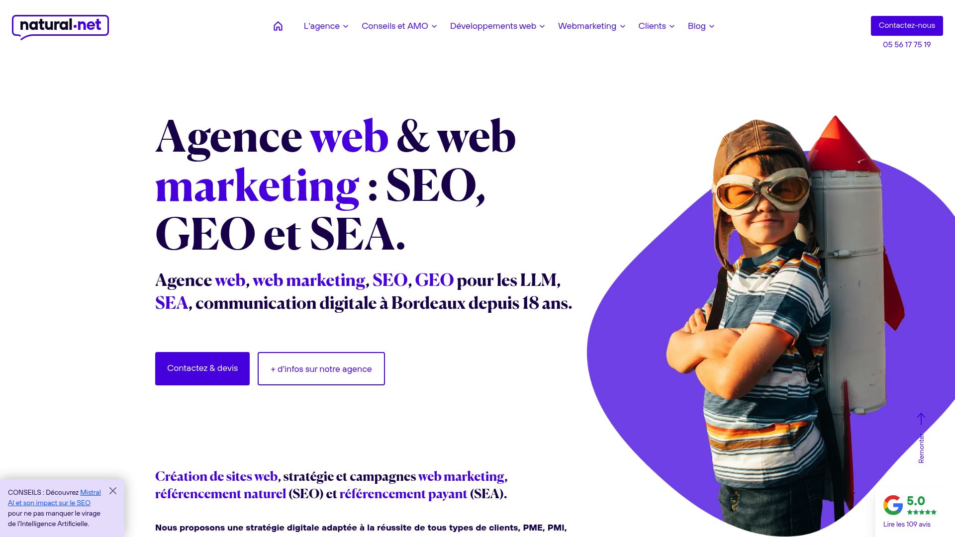 Screenshot of natural-net.fr homepage showing their agency positioning