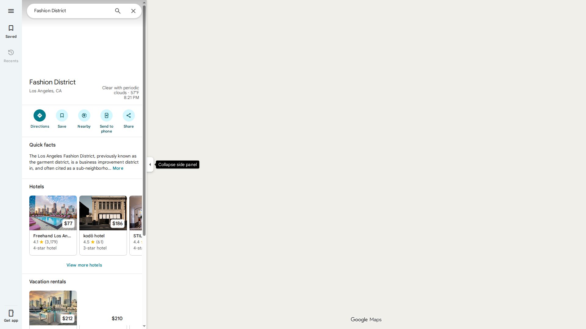 Detailed map screenshot of the LA Fashion District highlighting Santee Alley and CMC
